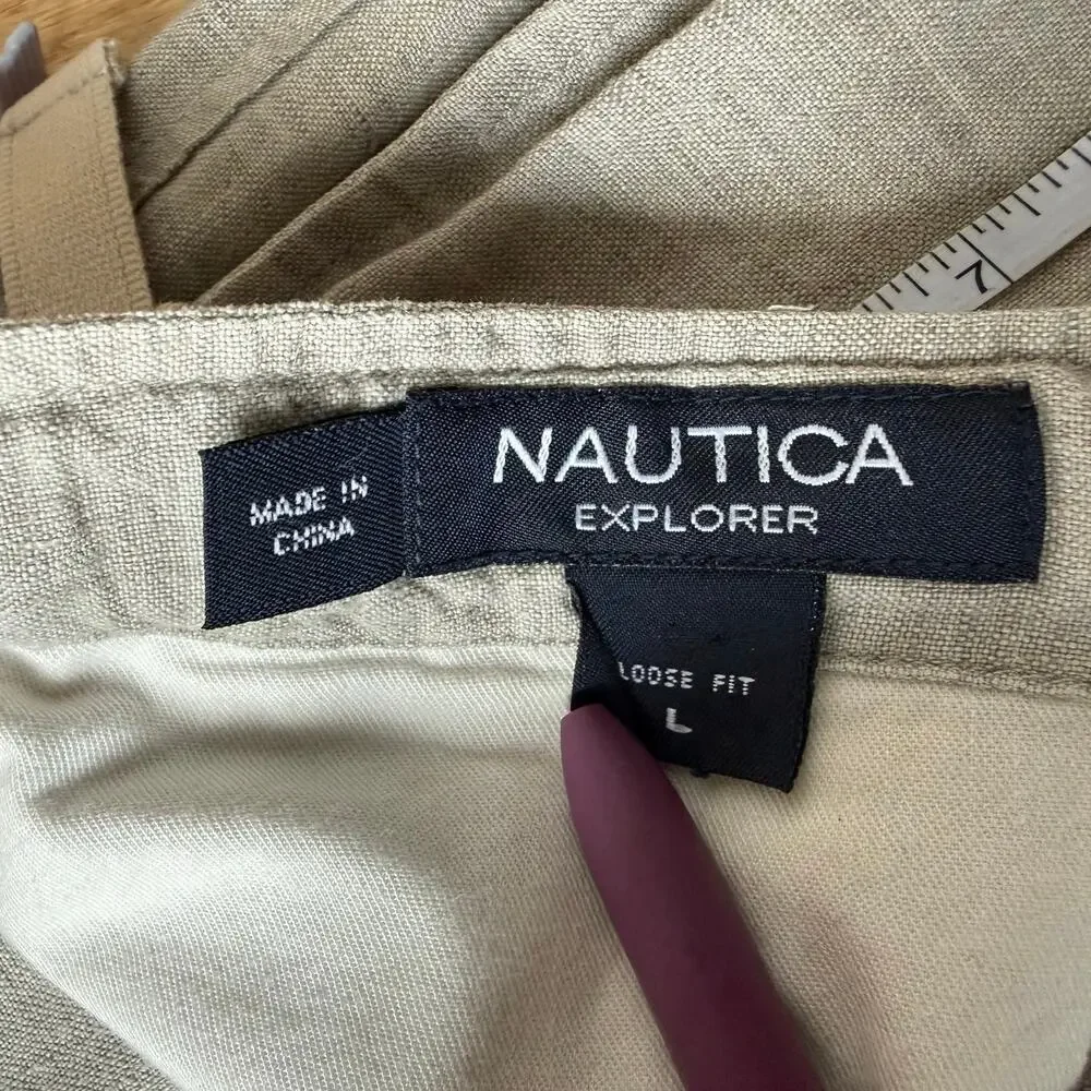 Nautica Explorer Cream Linen Loose Fit Drawstring Pants Sz L Vacation Beach Pool